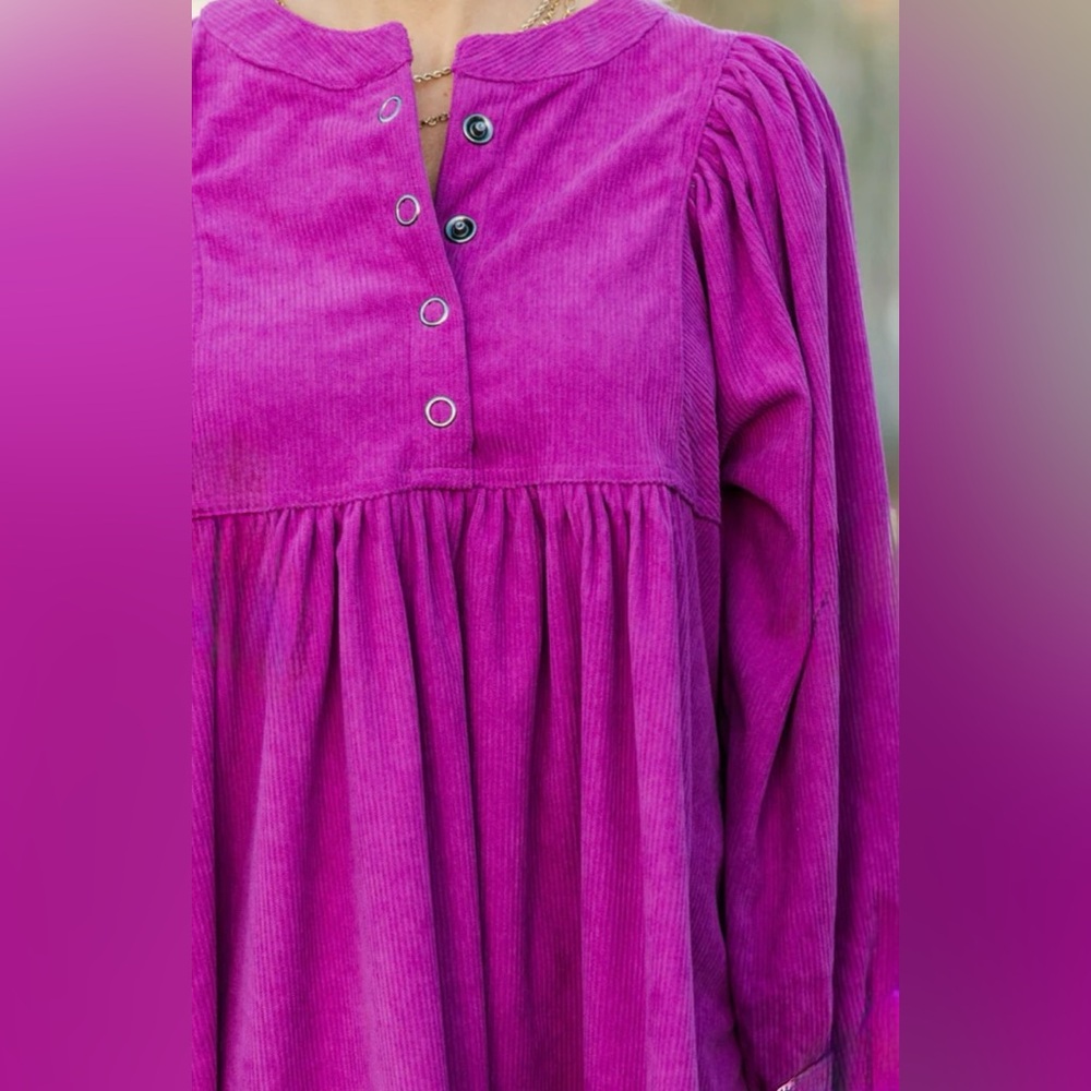 Magenta Corduroy Short Babydoll Dress | Large | Long Sleeves | NWT - Picture 5 of 10